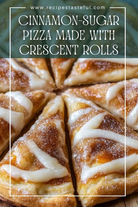 This easy and delightful dessert features a flaky crescent roll crust topped with a rich cinnamon-sugar mixture. Perfect for a quick treat or a cozy gathering, this Cinnamon-Sugar Pizza will satisfy your sweet tooth in no time! Homemade Cinnamon Rolls With Crescent, Pillsbury Pizza Crust Recipe Ideas, Pizza Inn Cinnamon Stromboli Recipe, Desert Ideas For Christmas Party, Crescent Bread Recipes, Recipes Made With Pillsbury Cinnamon Rolls, Crescent Roll Dessert Pizza, Cinnamon Stromboli Pizza Inn, Cinnamon Crescent Roll Recipes