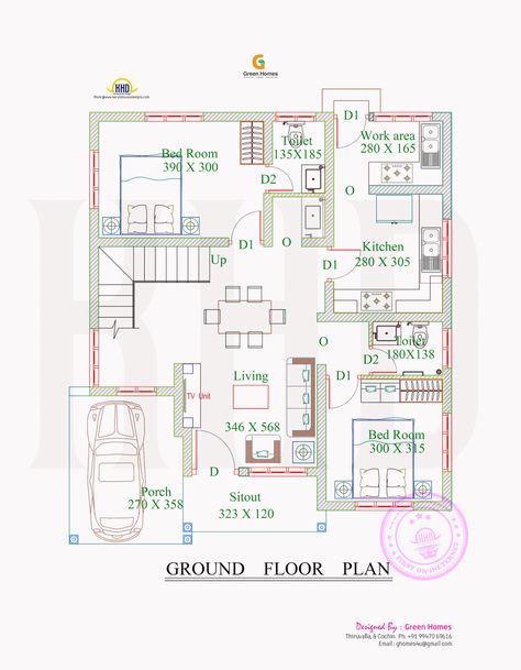 2715 square feet house with full sketch floor plan by Green Homes, Thiruvalla & Cochin, Kerala. Rectangle House Plans, Square House Plans, 2bhk House Plan, Indian House Plans, Living Tv, 2 Bedroom House Plans, 4 Bedroom House Plans, Duplex House Plans, Kerala House Design