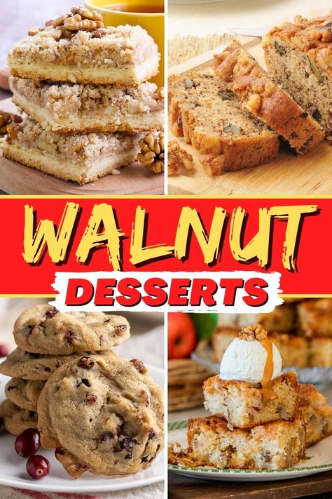 These walnut desserts are full of wonderful nutty flavor. From brownies to cakes to cookies, these treats make walnuts shine. Desserts With Walnuts Baking, Walnut Baked Goods, Recipes Using Walnuts Baking, Walnut Cookies Recipes Easy, Walnut Recipes Dessert Easy, Walnut Bars Recipes, Desserts With Walnuts Recipes, Recipes With Walnuts In It, Recipes With Walnuts Baking