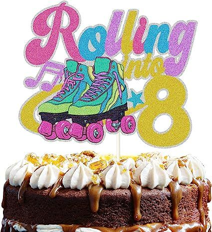 Amazon.com: Rainbow Glitter Rolling into 8 Cake Topper - Roller Skate Theme Happy 8th Birthday Cake Decor for Kids - Sweet 8 - Retro Throwback Theme Birthday Party Decoration : Toys & Games Birthday Cake Decor, 9th Birthday Cake, 8th Birthday Cake, Throwback Party, Groovy Party, 8 Cake, Happy 8th Birthday, Theme Birthday Party, Kids Party Themes