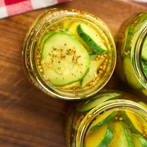 Easy Refrigerator Bread and Butter Pickles Spicy Maple Bourbon Pickles Recipe, Maple Bourbon Pickles, Bourbon Pickles, Refrigerator Bread And Butter Pickles, Spicy Pickle Recipes, Bread And Butter Pickles, Classic Macaroni Salad, Sourdough Rolls, Butter Pickles