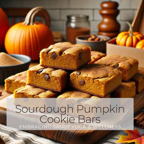 Sourdough Pumpkin Cookie Bars - Embracing Wisdom Pumpkin Discard Recipes, Thanksgiving Sourdough Desserts, Sourdough Pumpkin Chocolate Chip Cookies, Sourdough Discard Pumpkin Cookies, Sourdough Pumpkin Bars, Sourdough Pumpkin Cookies, Sourdough Cookie Bars, Sourdough Discard Cookie Recipes, Pumpkin Cookie Bars