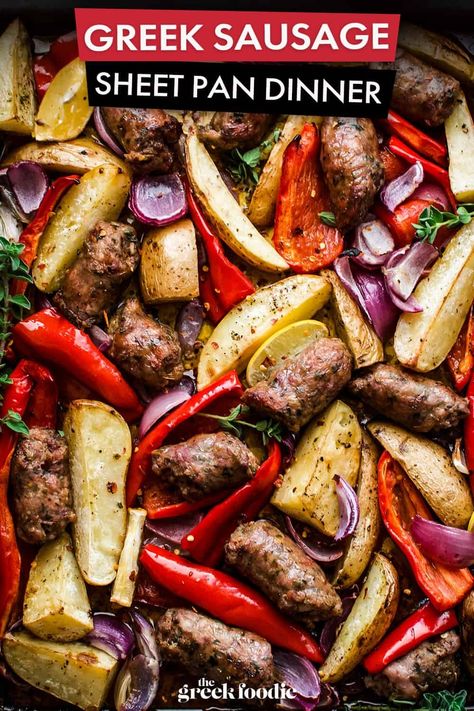 Greek Sausage Sheet Pan Dinner Greek Sausage, Dinner With Potatoes, Sausage Sheet Pan Dinner, Sausage Sheet Pan, Lamb Sausage, Sheet Pan Meals, Sheet Pan Dinners Recipes, Roasted Onions, Pan Meals