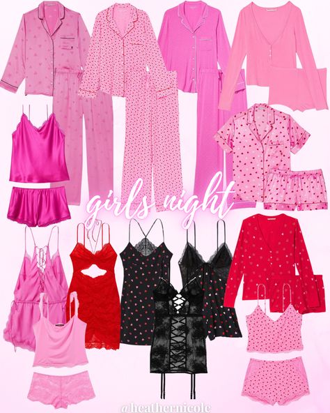 Valentine’s Day pajama sets Cozy Sleepover, Pajama Party Outfit, College Girl Fashion, Girls Night Outfit, Pink Pajama, Night Pajama, Girls Night Party, Pink Pajamas, Valentine Photo