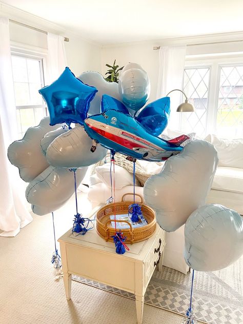 Up, Up, & Away: Warren's First Class Airplane Theme Birthday Party - House of Navy First Class Airplane, Airplane Theme, Boy Birthday Party Themes, Kids Themed Birthday Parties, Balloon Weights, Party House, Theme Birthday Party, Theme Birthday, Big Dot Of Happiness