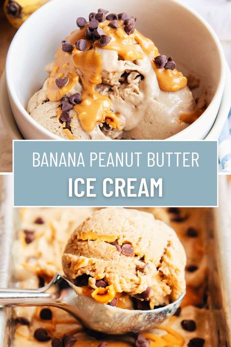 This Peanut Butter Banana Ice Cream is the perfect treat when you're craving something creamy, and cold! It's made with a base of frozen bananas and peanut butter, then studded with more swirls of peanut butter and miniature chocolate chips for a delicious healthier dessert for a hot day! Frozen Banana Peanut Butter Chocolate, Peanut Butter Banana Ice Cream, Healthy Frozen Yogurt, Miniature Chocolate, Butter Ice Cream, Banana Nice Cream, Banana Peanut Butter, Peanut Butter Ice Cream, Healthier Desserts