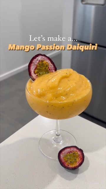 diycocktailguy on Instagram: "Let’s make a Mango Passion Daiquiri 🥭 Recipe/ingredients: In your blender add: 1 cup of Frozen Mango 60mls or 2oz Passion Fruit Pulp 30mls or 1oz Lime Juice 45mls or 1.5oz White Rum 90mls or 3oz Tropical Juice Blend all ingredients together with some ice to get that frozen consistency. I then garnished with a Passionfruit. Enjoy 😊 #cocktails #cocktailporn #cocktaildress #cocktailhour #cocktaildress #cocktailoftheday #cocktailgarnish #cocktailtime #cocktailparty Frozen Mango Cocktail, Passionfruit Daiquiri, Passion Fruit Cocktail Recipes, Passion Fruit Daiquiri, Mocktail Ideas, Groove Cruise, Tropical Juice, Mocktail Drinks, Daiquiri Recipe