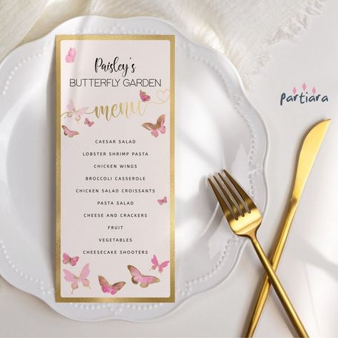 Butterfly Themed 21st Birthday Party, Butterfly Themed Drinks, Butterfly Menu Design, Butterfly Place Setting, Butterfly Stationary, Butterfly Food, Gold Table Decor, Menu Card Template, Birthday Menu