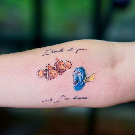 Finding Nemo by @yanz.tattoo  info@yantstudio.com Finding Nemo Tattoo Ideas, Nemo Tattoo Ideas, Finding Nemo Tattoo, Dory Tattoo, Nemo Tattoo, Tattoo Black And White, Ink Therapy, L Tattoo, Mother Tattoos