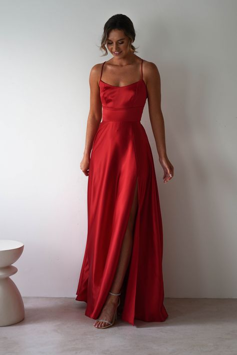 Leelie Silky Satin Maxi Gown | Red Long Red Formal Dresses, Red Bridesmaid Dresses Satin, True Red Dress, Sliky Long Dresses, Winter Formal Dresses Long Simple, Uk Formal Dresses, Satin Red Bridesmaid Dress, Dark Red Silk Prom Dress, Red Bridesmaid Dresses Aesthetic