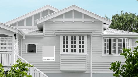 take on Dulux’s 2022 colour trends. Dulux Exterior Colours, Queenslander Exterior, Dulux Exterior Paint Colours, Exterior Colour Schemes, New Hamptons Style, Dulux Exterior Paint, Roof Restoration, Paint Color Inspiration, Painted Front Doors