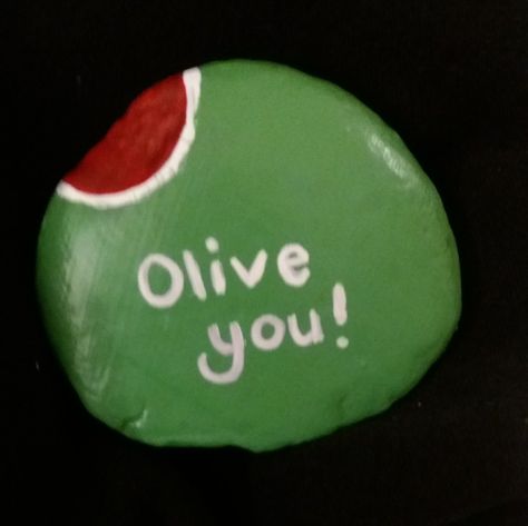 "Olive you" green olive painted rock by Ellen Green Rock Painting Ideas, Olive You, Girl Scout Levels, Painted Pavers, Story Stones, Rock Painting Patterns, Kindness Rocks, Meditation Stones, Sticks And Stones