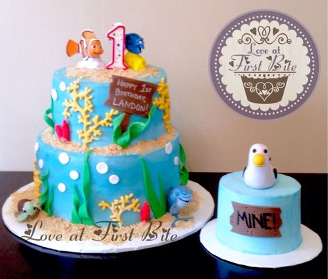 First Birthday Finding Nemo Cake and Smash Cake Finding Dory First Birthday, Nemo First Birthday, Dory Cupcakes, Finding Nemo First Birthday, Nemo Smash Cake, Finding Nemo One Year Old Birthday, Finding Dory Smash Cake Ideas, Fish Birthday Cake, Finding Nemo Smash Cake First Birthdays