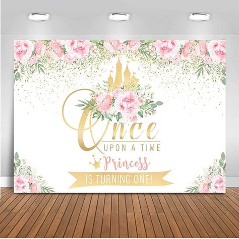 40+ Fun First Birthday Party Theme Ideas for Boys and Girls - In The Playroom First Birthday Backdrop, Golden Castle, Princess Backdrop, Princess Backdrops, Princess First Birthday, Party Cake Table, Birthday Party Background, Cake Table Decorations, Gold Birthday Party