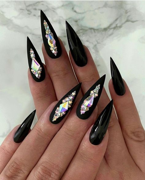 Classy Black Nails, Black Chrome Nails, Pink Tip Nails, Nails With Rhinestones, Black Halloween Nails, Black Stiletto Nails, Black Coffin Nails, Matte Black Nails, Fancy Nails Designs