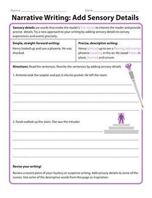 Take mystery and suspenseful writing to the next level with this reading and writing worksheet! Students will read sentences and then use their creative powers to rewrite them to make them more descriptive. Then, they will use this exercise to make their own writing more evocative. With this writing process resource, students learn to make setences more interesting by adding vivid details. #educationdotcom Sensory Details In Writing, Writing Metaphors, Descriptive Writing Activities, Writing Exercise, Writing Voice, Sensory Details, Pre Writing Activities, 5th Grade Reading, Classroom Freebies