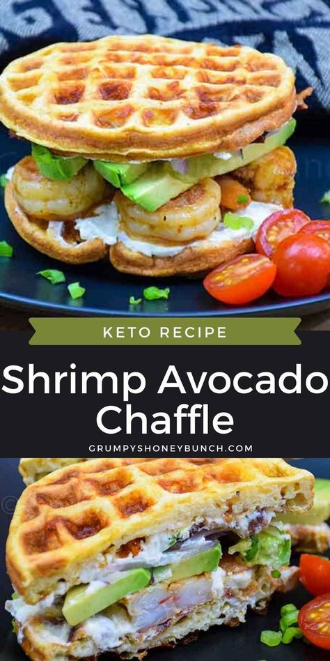 This Shrimp and Avocado Chaffle Sandwichs is made with two seasoned egg chaffles in a mini waffle iron. Bursting with shrimp and avocado, this is a keto recipe you don't want to miss out on. Get this shrimp recipe and more at Grumpy's Honeybunch website. Avocado Chaffle, Chaffle Sandwich, Low Carb Sandwich, Recipe With Shrimp, Shrimp And Avocado, Keto Waffles, Low Carb Sandwiches, Low Carb Bagels, Chaffle Recipe