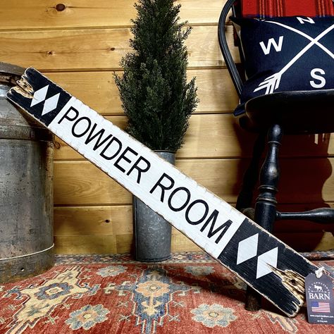 "Add a touch of the slopes to your home with this Powder Room ski trail sign! Finished in our New Modern distressing, it's perfect for rustic home or chic ski chalet!  Each sign is handcrafted from new wood. They are carefully distressed to create that perfect look to complement a variety of styles.  Modern Distressing is a light distressing & finished with our Signature Nail Holes. -->If you would like this sign in our Signature Distressing please contact us! This sign is Ready to ship! The one Ski Cabin Bathroom, Retro Ski Lodge Decor, Ski Lodge Bathroom, Modern Ski Chalet Interiors, Mountain Bathroom Ideas, Ski Condo Decor Interior Design, Ski Decor Ideas, Ski Bathroom, Ski Mudroom