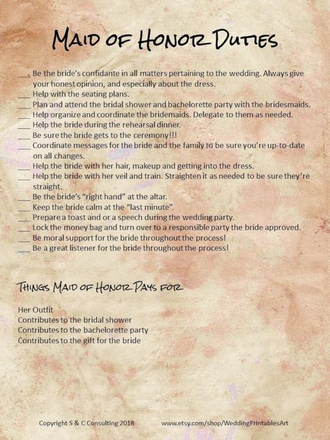 Maid Of Honor Duties Checklist, Maid Of Honor Duties, Wedding Planning Printables, Made Of Honor, Maid Of Honor Speech, Diy Wedding Planning, Bridesmaid Duties, Bachelorette Party Planning, Matron Of Honor