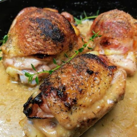 Stuffed Chicken Thighs Cordon Bleu - Namaste Home Cooking Chicken Thigh Cordon Bleu, Chicken Cordon Blue Sauce, White Wine Pan Sauce, Stuffed Chicken Thighs, Baked Chicken Cordon Bleu, Cheesy Chicken Recipes, Creamy Dijon, Chicken Cordon Bleu Recipe, Cordon Blue