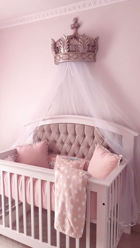 Princess nursery, crown canopy Crown Canopy Over Crib, Princess Aesthetic Nursery, Baby Girl Princess Nursery, Crown Canopy, Disney Princess Bedroom, Disney Princess Room, Nursery Room Furniture, Baby Nursery Inspiration, Princess Nursery