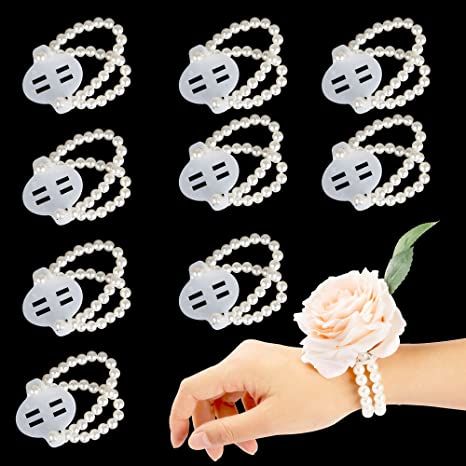 Faux Flowers Decor, Diy Wrist Corsage, Wristband Diy, Wedding Wristlets, Wrist Corsage Bracelet, Wedding Corsages, Plastic Lace, Pearl Bracelet Wedding, Wrist Flowers