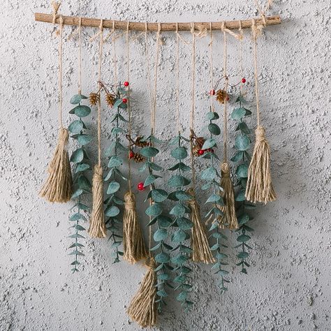 PRICES MAY VARY. Elegant Unique Boho Wall Decor - Compared to other similar products, our hanging eucalyptus wall decor boasts a more unique design. Our designer incorporated pine cone, red berry and fringe to create a natural, earthy, peaceful Bohemian vibe. Measurements & Material - Branch Length: 15.74-16.5 inches, diameter varies from 0.78-0.98 inches. Eucalyptus stem length: 11.8 inches. The rod is made of natural solid wood. The faux frosted eucalyptus leaves are crafted from non-toxic, od Macrame Nature Scene, Boho Vibes Aesthetic, Diy Nature Decor, Farmhouse Home Office Decor, Diy Hanging Decor, Eucalyptus Wall Decor, Trendy Crafts, Hanging Eucalyptus, Farmhouse Home Office