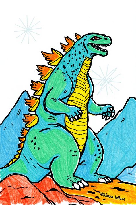 Check Out This Colorful Godzilla Doodle Drawing + 12 Other Godzilla Drawing Ideas! #drawingideas #drawinginspiration Godzilla Doodle, Godzilla Drawing, Flower Crown Drawing, Sea Turtle Drawing, Classic Monster Movies, Smile Drawing, Crown Drawing, Conservation Art, Rabbit Drawing