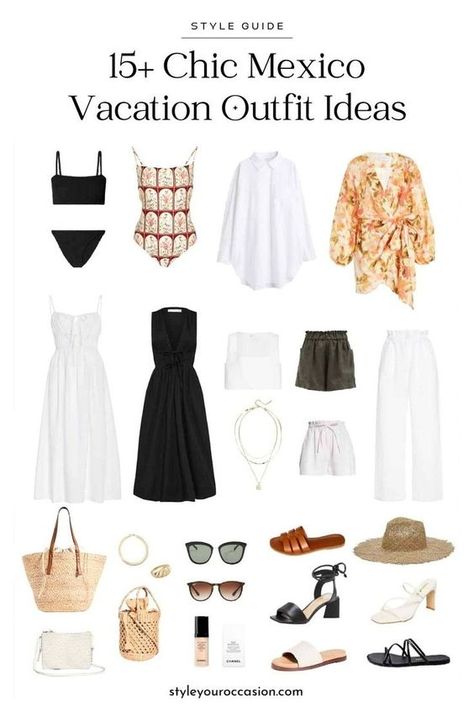 15+ Effortless Mexico Vacation Outfit Ideas & What to Pack for Cancun Mexico. We have your Mexico travel wardrobe covered with our style guide for what to pack for Mexico, plus 15+ chic Mexico vacation outfits including, midsize, plus size, bikinis, Cabo outfit ideas, Mexico beach outfit, and Cancun resort wear. Cabo Outfit Ideas, Mexico Vacation Outfits Cancun Resort Wear, Mexico Cruise Outfits, What To Pack For Cancun, Pack For Cancun, What To Pack For Mexico, Mexico Resort Outfits, Pack For Mexico, Mexico Beach Outfits