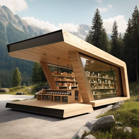 Wooden kiosks in the mountains Wood Kiosk Design, Kiosk Design Ideas Architecture, Book Kiosk, Kiosk Design Ideas, Outdoor Restaurant Patio, Theater Room Design, Retail Store Interior Design, Architecture Drawing Plan, Luxury Beach House