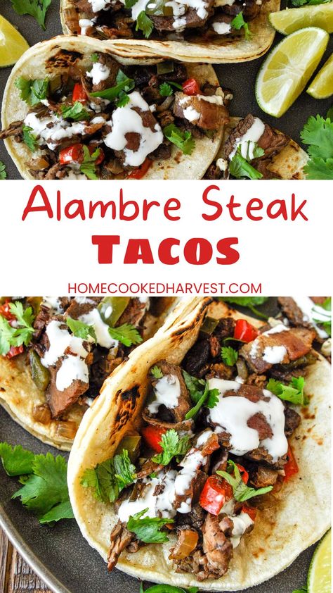 Alambre Tacos are made with carne asada that's marinated in lime juice & cilantro. Tacos de alambre are cooked with bacon and bell peppers. Alambre Recipe, Veg Diet, Cilantro Tacos, Cookout Recipes, Tuesday Recipes, Flexitarian Recipes, Recipe Beef, Steak Tacos, Jambalaya Recipe