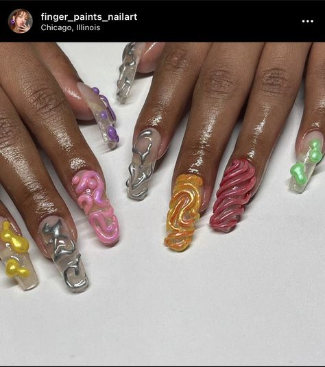 3d Chrome Acrylic Nails, Futuristic Nail Art, 3d Nail Chrome, How To Do 3d Chrome Nails, Bubble Nail Art, 3d Chrome Swirl Nails, Futuristic Nails, 3d Chrome Nails, Trippy Chrome Nails