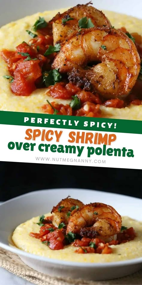 This spicy shrimp over creamy polenta is perfectly spiced and full of smoky flavor. Made with fresh shrimp, spicy tomatoes, and creamy cheesy polenta. Shrimp And Polenta, Baked Ziti With Chicken, Cheesy Polenta, Cooked Shrimp Recipes, Cooked Shrimp, Fresh Shrimp, Dinner Favorites, Polenta Recipes, Night Recipes