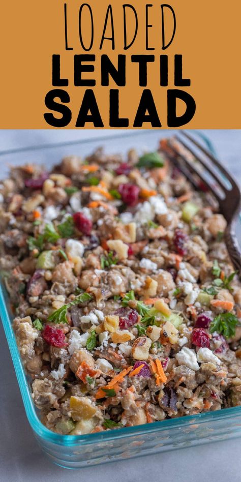 This Loaded Lentil Salad is packed with flavor and protein! Lentils are nutritional powerhouses and this salad is great for keeping you fueled all day long.  This hearty recipe can be served on its own, or enjoyed with crackers or chips.  Holiday potlucks are just around the corner and this versatile, vegetarian salad, is a great addition to any table! #lentils #vegetarianrecipe #mealprep #easylunch Winter Lentil Salad, Vegan Hearty Salad, Lentils As A Side Dish, Warm Lentil Salad Recipes, Gluten Free Lentil Recipes, Lintel Salad, Lentil Lunch Ideas, Lentil Meal Prep, Lentil Salad Recipes Cold