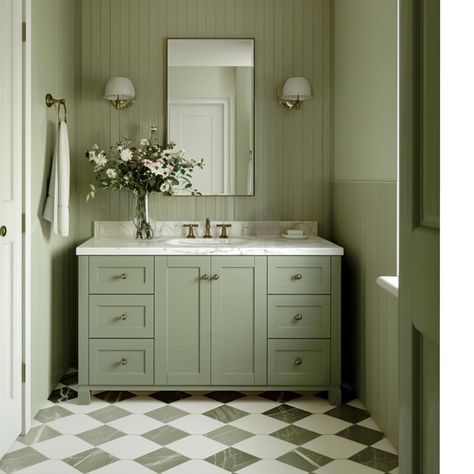 Client question: What color should we paint my small bathroom if I want it to vibe with both autumn and spring? Me: Definitely, a shade of sage green. Client: Why though? It's a pretty color but will it look out of place during a certain season? Me: Green tones look great all year round. Sage greens have medium shade to them but with a touch of gray... as a result it works like a neutral. The true Autumn palette contains yellows, golden browns and simple earthy greens. In the Spring, greens... Green Walls Bathroom, Pale Green Bathroom, True Autumn Palette, Wet Bathroom Ideas, Sage Bathroom, Sage Green Bathroom, Wet Bathroom, Vintage Inspired Bathroom, Green Bathroom Vanity