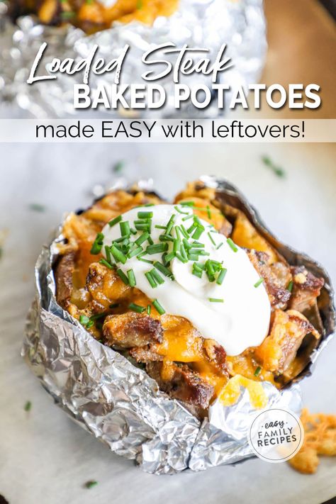 Steak Garlic Butter, Steak Baked Potato, Steak And Baked Potato, Baked Potato Dinner, Leftover Steak Recipes, Leftover Baked Potatoes, Baked Potato Recipe, Chicken Potato Bake, Baked Potato Bar