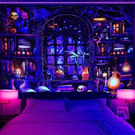 PRICES MAY VARY. IMMERSIVE DESIGN: This uv reactive bookshelf tapestry features an intricate magical bookshelf scene that comes to life under UV lighting with glowing skulls, stars, and more. PREMIUM MATERIAL: Our blacklight reactive tapestry is made of polyester material, this wall hanging is durable yet soft with vibrant colors that will last for years. VARIOUS SIZE: We offer 2 sizes of this magic books tapestry for you to choose for different usage scenarios: 51.2" x 59.1" / 130cm x 150cm; 59 Pink Purple Blue Room, Trippy Home Decor, Magical Bookshelf, Purple And Blue Room, Fantasy Tapestry, Teen Girl Bedrooms Aesthetic, Youtube Backdrops, Spooky Bedroom, Immersive Design