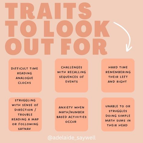 Today is Dyscalculia Awareness day. Not many people talk about this, however it is one of the most common learning disabilities with it affecting around 8% of the entire population. Dyscalculia can affect more than just numbers, it can affect our ability to know our left from our right, cause difficulty with map reading, directions, estimating distance and time, it can affect your spacial awareness, time management & cause struggles with money, budgeting and so many more things. This li... Situational Awareness, Math For Dyscalculia, Dyscalculia Activities, Symptoms Of Did Disorder, Dyscalculia Symptoms, Maths Sums, Map Reading, Learning Disabilities, People Talk