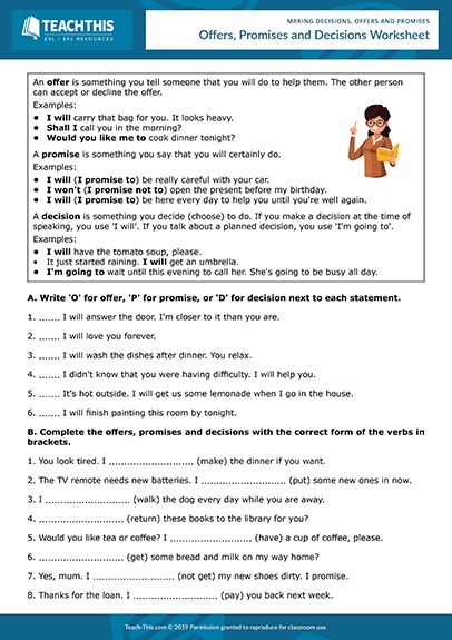 Making Decisions Offers Promises ESL Activities Games Worksheets Decision Making Worksheet, Tenses Worksheet, Grammar Activities Worksheets, Present Continuous Tense, Present Continuous, Esl Games, Future Tense, English Worksheet, Esl Activities