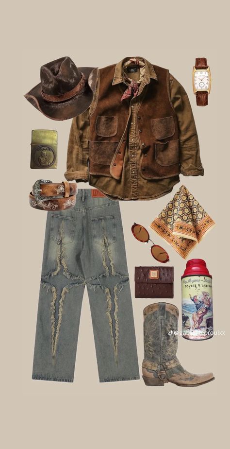 Country Man Style, Cowboy Clothes Aesthetic, Indie Cowboy, Cowboy Carter Aesthetic Outfit, Old Western Aesthetic Outfits Men, Queer Cowboy Outfit, Men’s Vintage Western Wear, Western Outfits Men, Ibiza Outfits