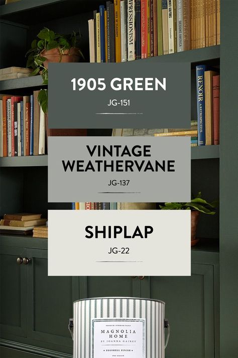 Pair deep, rich hues, like 1905 Green with these hand-selected shades from Magnolia Home by Joanna Gaines® paint. Explore all 150 timeless colors on our website. 1905 Green Paint Magnolia, 1905 Green, Magnolia Living Room, Magnolia Bathroom, Magnolia Homes Paint, Magnolia Paint, House Color Palettes, Green Paint Colors, Interior Paint Colors