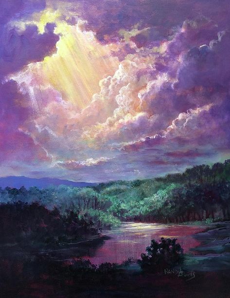 (Source): https://fineartamerica.com/featured/luz-del-cielo-light-from-heaven-randy-burns.html Randy Burns, Mystical Artwork, Heaven Painting, Acrylic Landscape, Religious Painting, Painting Inspo, Lighted Canvas, Fitness Articles, Cloud Painting