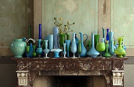 ∷ Variations on a Theme ∷ Collection of vintage vases The Mantle, Green Glass Vase, Green Vase, Displaying Collections, The Fire, Green Glass, Glass Collection, Colored Glass, Bottles Decoration