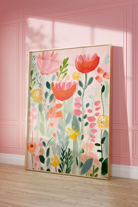 Brighten up your living room, nursery or bedroom with this vibrant abstract floral printable wall art. This colorful flower pink and green print combines bold and pastel colors. Perfect for adding a pop of color to any room, this botanical print features a beautiful mix of wildflowers in a maximalist style that will surely make a statement. Elevate your decor with our unique and stylish floral wall art that brings a touch of whimsy and elegance to your home. Embrace the beauty of colorful floral Pink And Green Prints, Colorful Floral Art, Green Prints, Prints Colorful, Vibrant Wall Art, Flower Poster, Abstract Floral Art, Floral Printables, Mural Floral