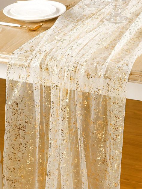 Gold  Collar  Polyester   Embellished  All Seasons Kitchen & Table Linens White And Gold Decorations, Gold Round Table, Gold Tone Wedding, Sheer Table Runner, Gold Table Runner, 50th Wedding Anniversary Decorations, Gold Runner, Fabric Runner, Bridal Shower Decoration