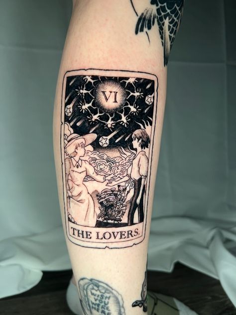 The Lovers Howls Moving Castle, Howls Moving Castle Tattoo Sleeve, Howl Tattoo Ghibli, Bowels Moving Castle Tattoo, Simple Howls Moving Castle Tattoo, Howl Tattoo Castle, Howls Moving Castle Tarot, Howls Moving Castle Matching Tattoos, Studio Ghibli Tarot Card Tattoo