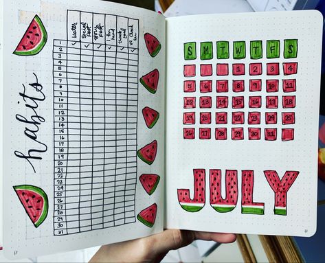 Watermelon Journal Ideas, Watermelon Journal, Bullet Journal July Theme, Monthly Bullet Journal Layout, Watermelon Bullet Journal, June Bullet Journal Calendar, July Bullet Journal Habit Tracker, Bullet Journal Hand Lettering, Watermelon Bullet Journal Theme