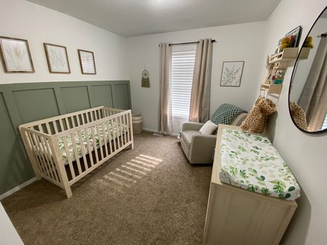 Green Themed Nursery Gender Neutral, Neutral Nursery With Accent Wall, Green Panel Nursery, Half Green Wall Nursery, Green Wainscoting Nursery, Green Board And Batten Wall Nursery, Board And Batten Half Wall Nursery, Sage Green Board And Batten Wall Nursery, Tan And Green Nursery