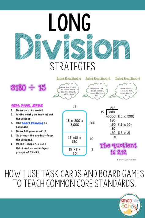 Now that Common Core has changed the way we teach division, teachers are scrambling to find resources to teach repeated subtraction and the area model.  This is why I created two different task card packages which can be utilized in so many ways.   Each pack includes a student directions page which provides step by step instructions and a model of how to use the strategy. Long Division Strategies, Teach Division, Simple Division, Repeated Subtraction, Probability Math, Division Strategies, Area Model, Long Division, Math Materials