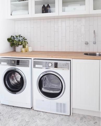 Laundry Combo, Timber Benchtop, Bathroom Ideas Hamptons, Laundry Nook, Three Birds Renovations, Laundry Room Flooring, Laundry Room Layouts, Laundry Room Renovation, Laundry Design